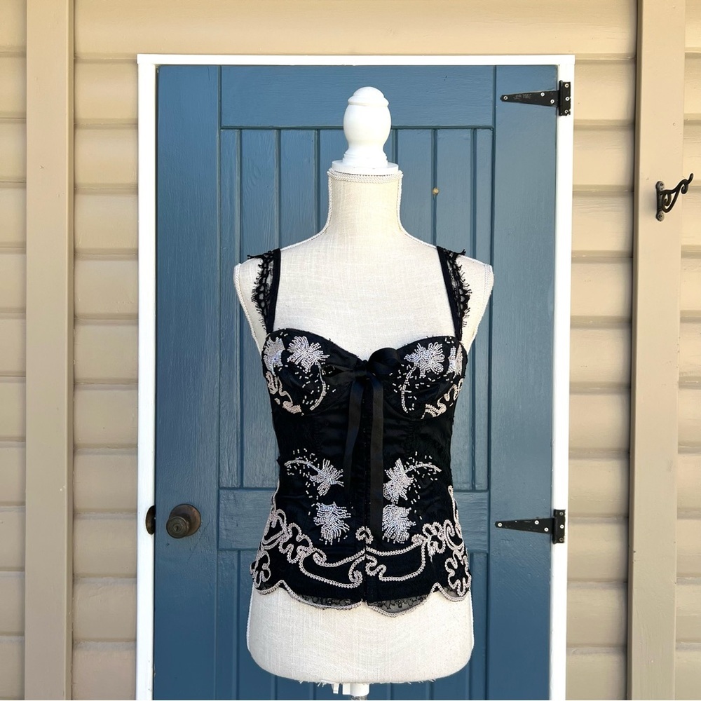 Cotton Club Black lace corset top with white floral embroidery beads Size 34M